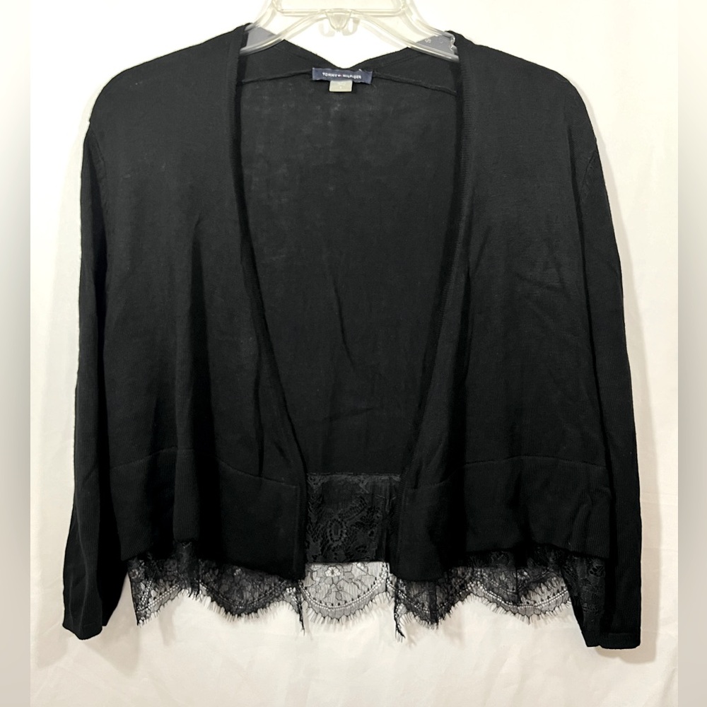 Tommy Hilfiger Cardigan Womens S Black Lace Trim Open Front